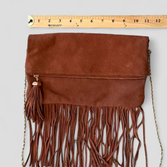 BCBGMAXAZARIA Crossbody Bag Brown Suede w/ Fringes Gold Chain Strap Purse - Picture 10 of 10
